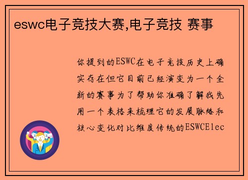 eswc电子竞技大赛,电子竞技 赛事
