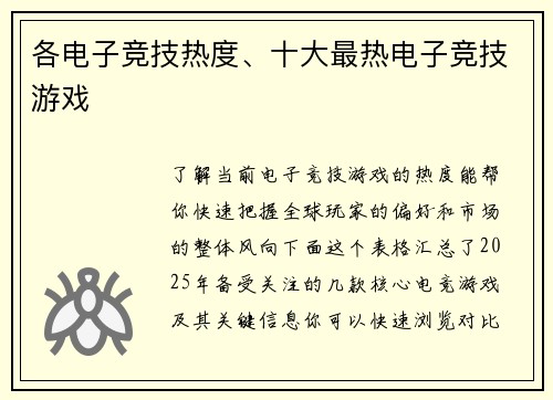 各电子竞技热度、十大最热电子竞技游戏